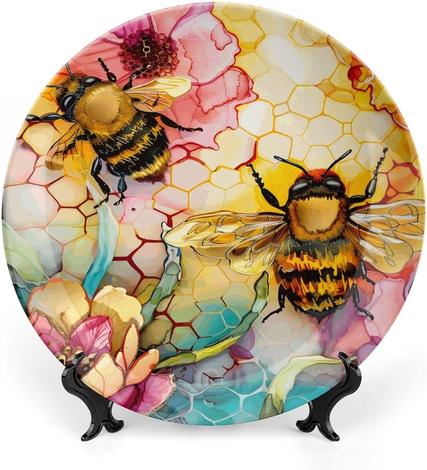 Summer Decorative Plates, Bees and Honey Combs Bright Color Display Plate for Home Office Kitchen Table Decor, Porcelain Plates Ornament 7 Inch, Summer Seasonal Decor Supplies