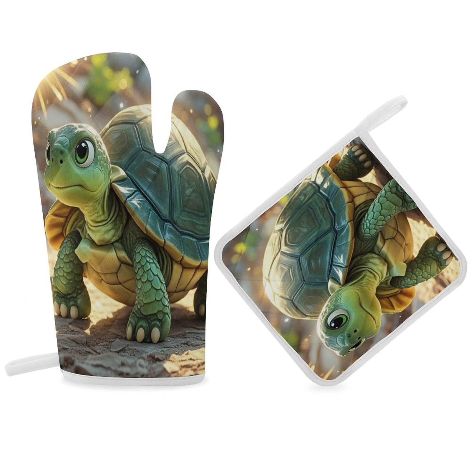 Turtle in The Sun Oven Mitt Gloves and Heat Insulation Pads Double-Layer Thickened Heat Insulation Mitt Temperature Oven Gloves for Cooking Baking Grilling