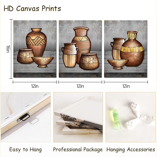 Miniatura 6 de RyounoArt Lienzo africano de 3 piezas de arte de pared de cerámica antigua, pintura tradicional de jarrón tribal, impresiones para decoración de