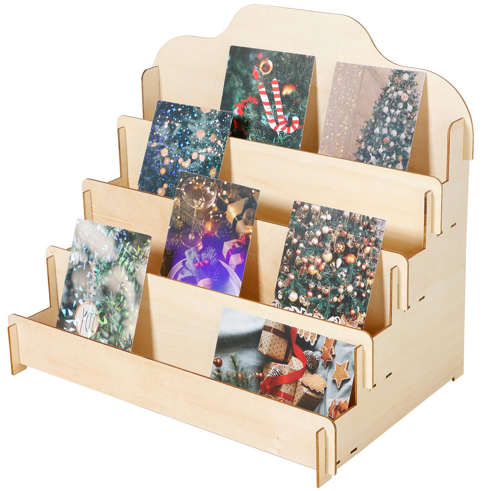 Nihuifdpy Wood Color Card Display Stand, 4 Tier Wooden Greeting Card Display, Multifunctional Cards Displays Rack For Postcard Brochure Photos Craft Fairs Retail Counter