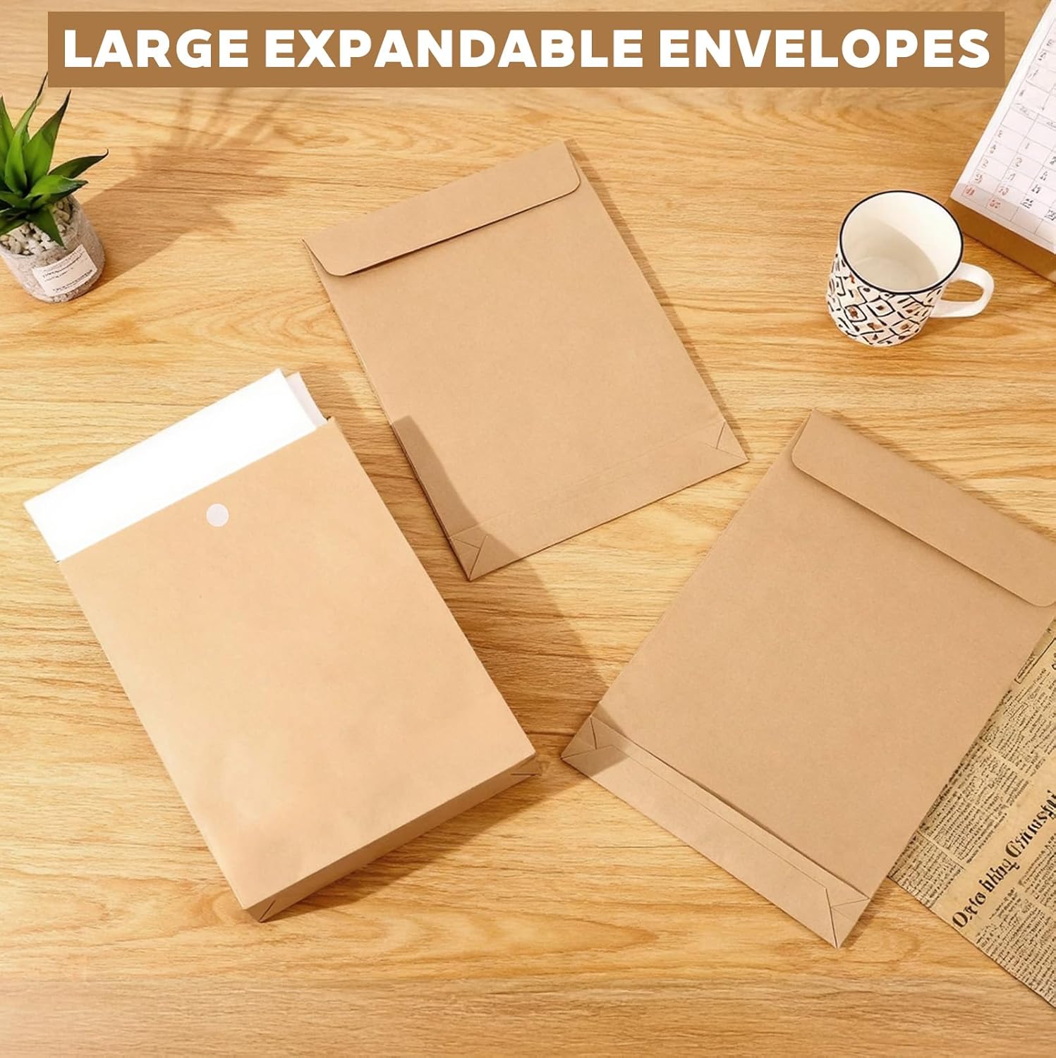 50 Pack Expandable Large Envelopes 9.4" x 13.2", 200 GSM Mailing Envelopes with Hook and Loop Closure, Manilla Envelope for Documents, Magazines, Photos