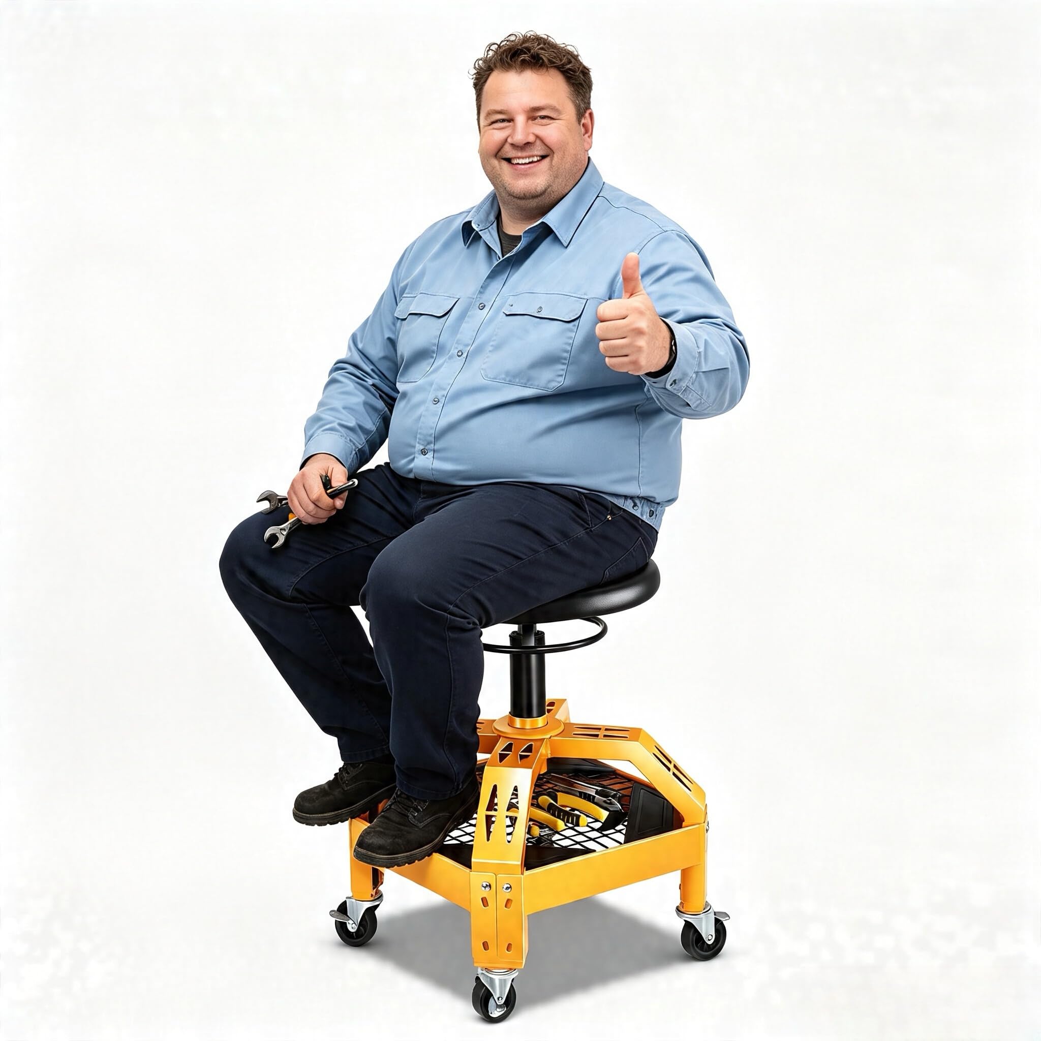 Taburete de taller con ruedas, altura regulable 23-27,5 cm, silla mecánica hasta 150 kg, giratorio 360°, asiento acolchado, construcción estable con bandeja para herramientas y soporte para bebidas