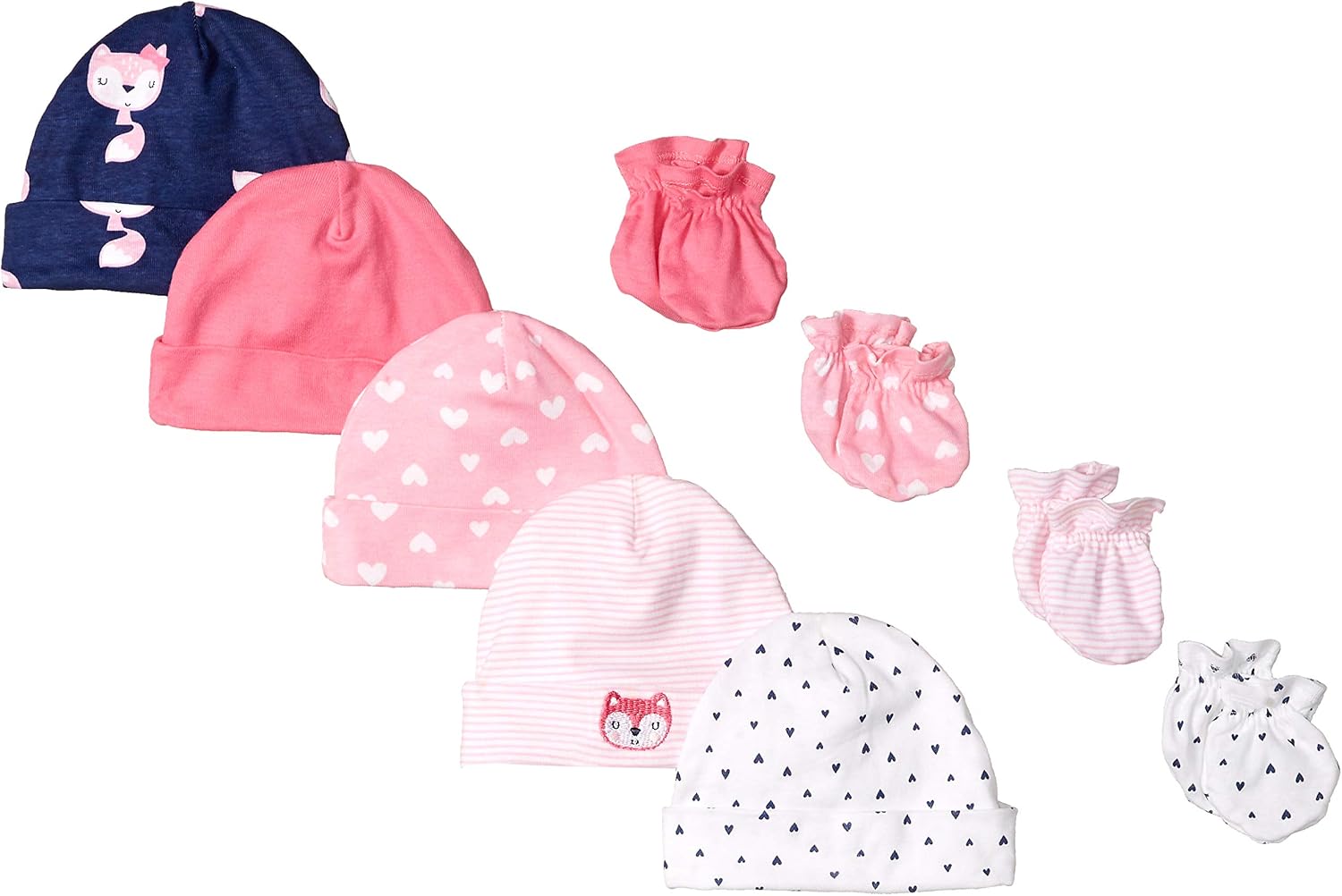 Gerber Baby 8 9-Piece Cap and Mitten Sets, 9pc Pink Fox, Newborn