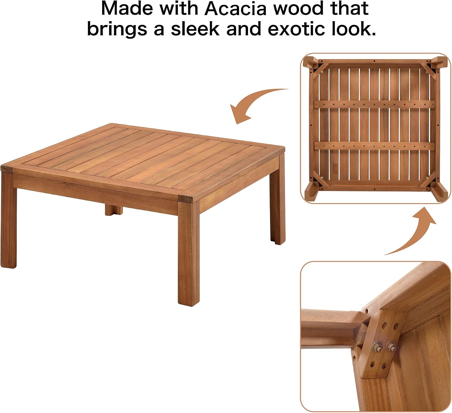Exotic Design 4 Pieces Outdoor Patio Furniture Sectional Sofa Sets with Cushions, Eucalyptus Wood Frame with Slatted Tabletop Tea Table and Backrest, Natural Frame + Gray Cushions