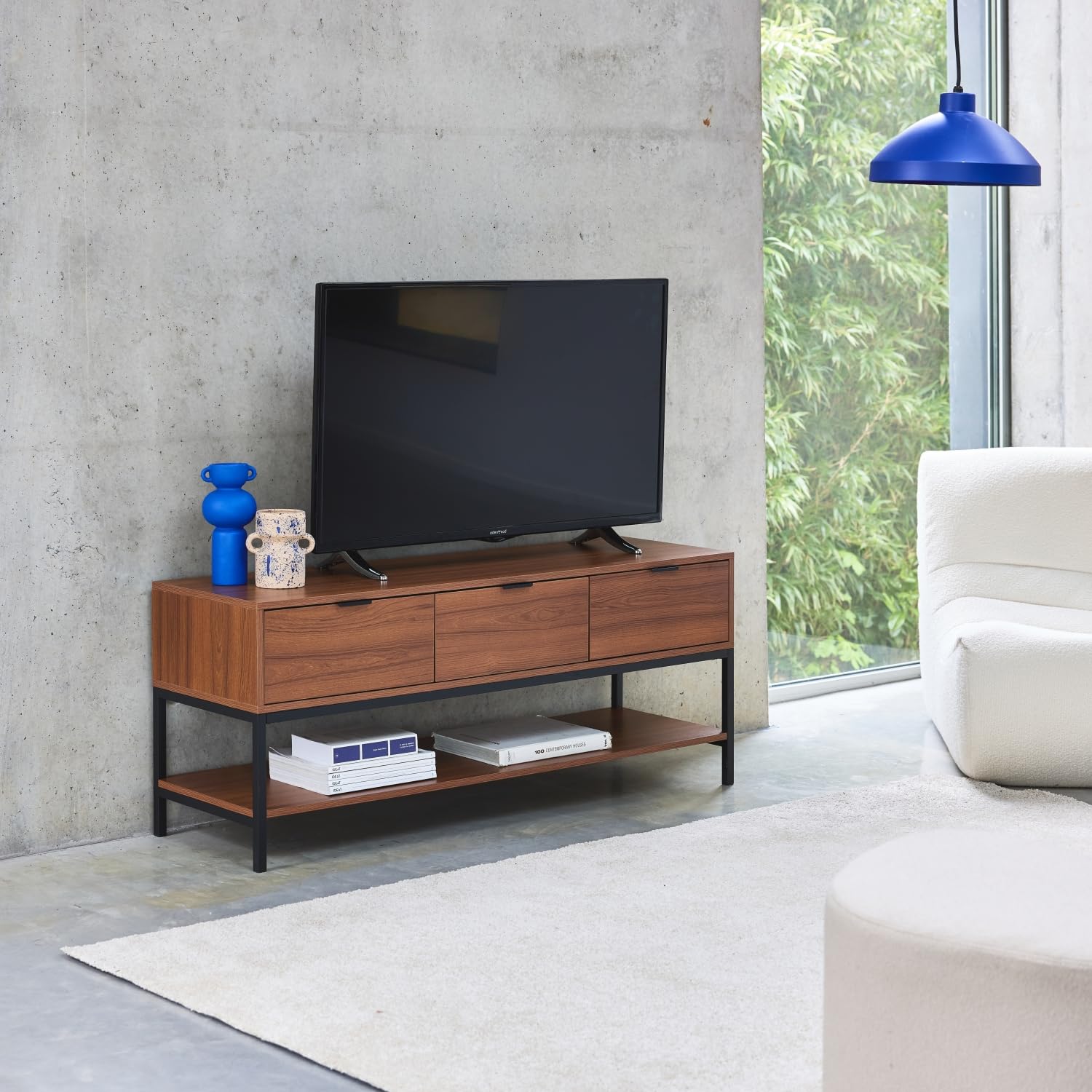 sweeek Mobile TV in Noce con 3 cassetti, 130cm, Walnut, Marrone, 130x40x53.5 cm