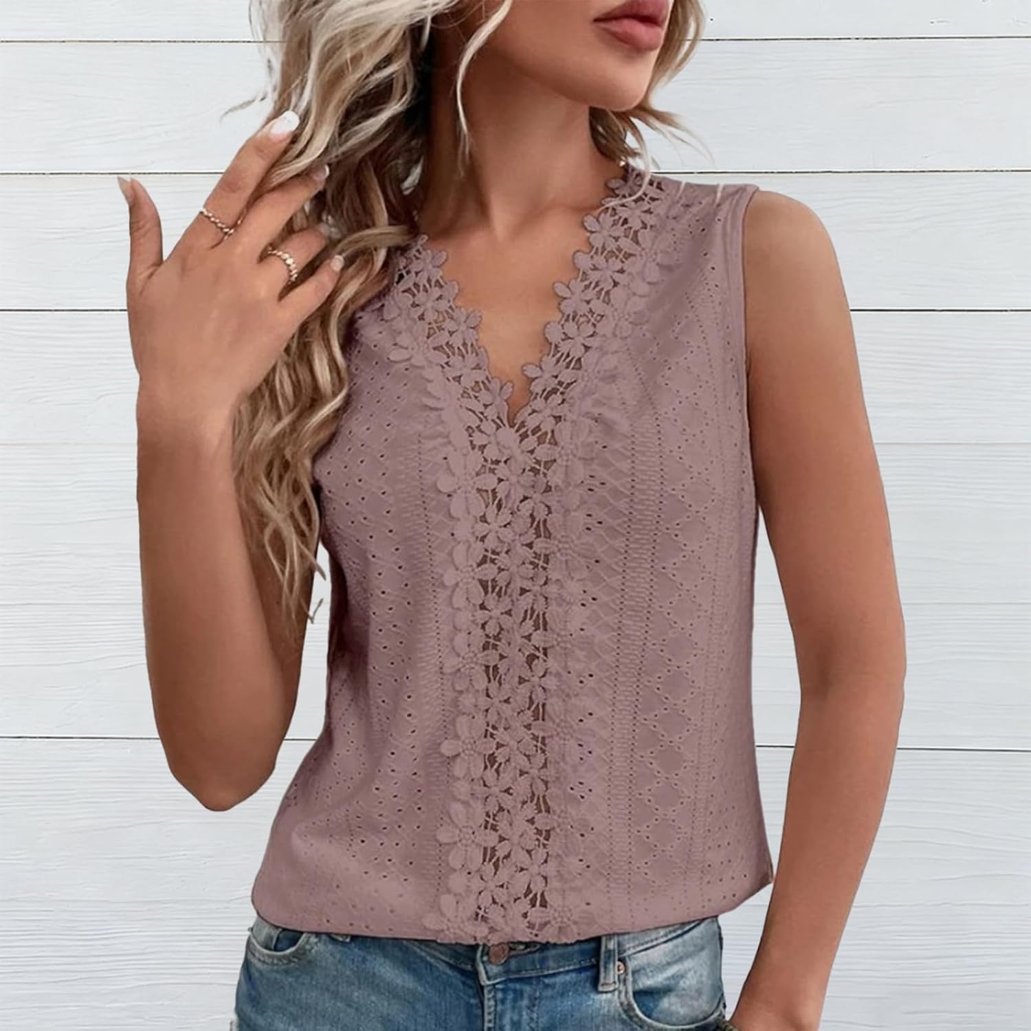Lace Tank Top for Women Solid Color Sleeveless V Neck Casual Blouses Summer Slim Fit Vacation Hollow Out Shirt - Image 2
