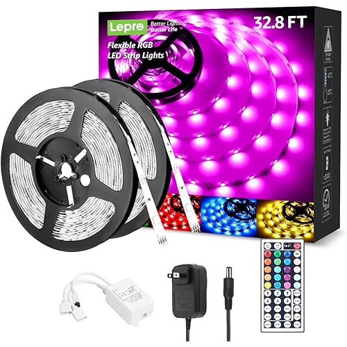 Lepro LED Lights for Bedroom 32.8ft, RGB LED Light Strips, 5050 LED Color Changing Tape Light with 44 Key Remote and 12V Power Supply, LED Lights for Room, TV Backlight, Kitchen, Bar
