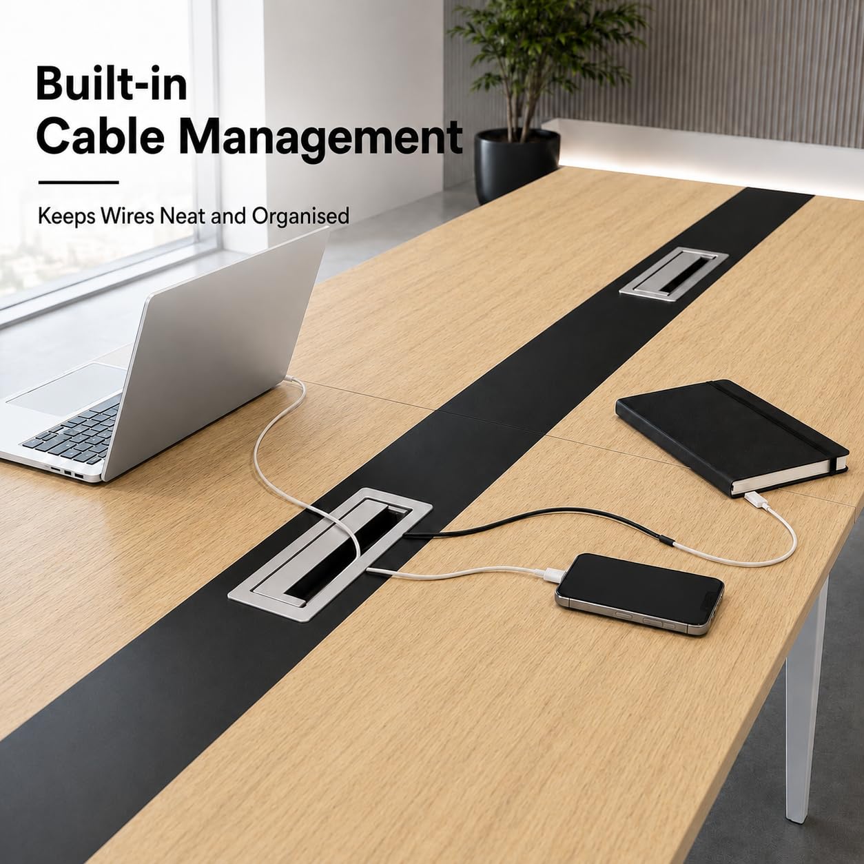 Mesa de Conferencias 8ft para 6-10 Personas, Mesa de Reuniones Grande con Pasacables, Escritorio Grande Rectangular con Estructura de Metal para Oficina y Sala de Ju Natural Wood + Black 240x120x74cm