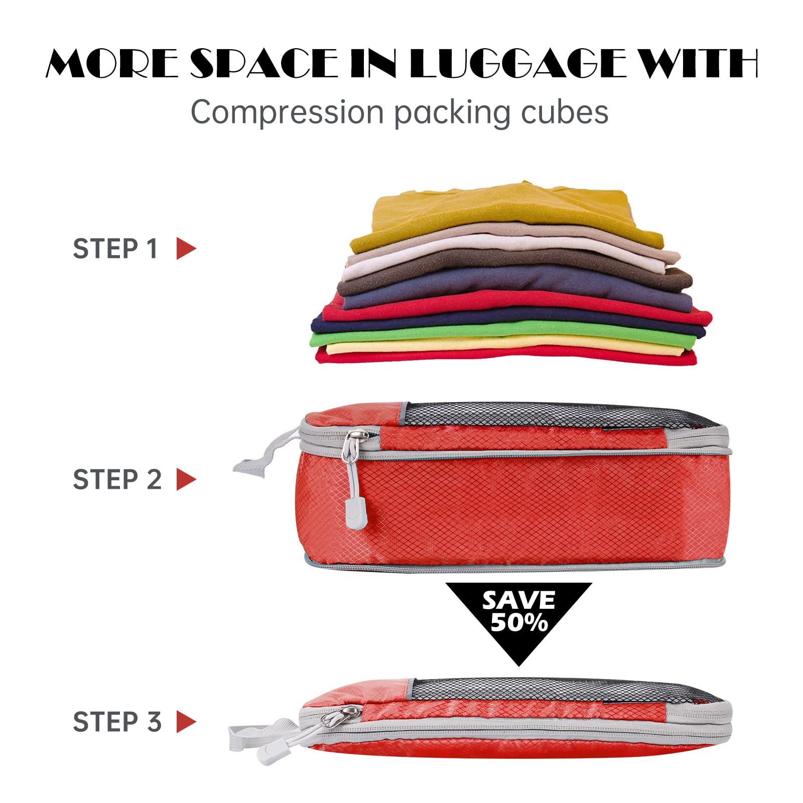NiHome Set di 7 cubi a compressione espandibile, in rete, organizer per bagagli con cavo elettronico, caricabatterie, organizer con coulisse (rosso)
