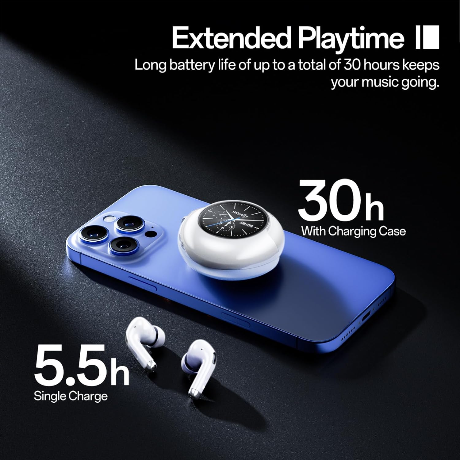 Diagram illustrating Bluetooth 5.4 connection with faster transmission, lower energy consumption, and lower latency for Weofly Lifefits earbuds.