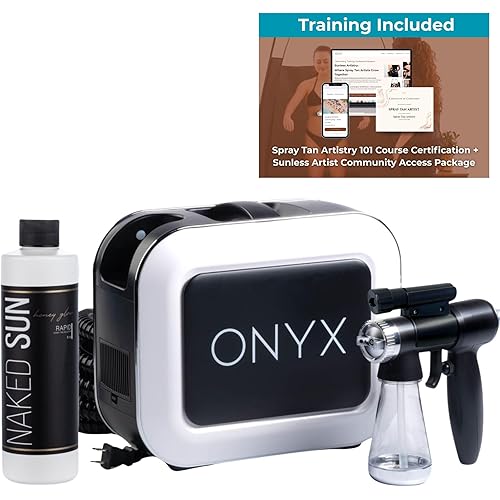 Naked Sun Onyx Spray Tan Machine Professional Tanning Gun with Light Kit and Honey Glow Rapid Develop Tanning Solution and also includes comprehensive Spray Tan Tranning Course.