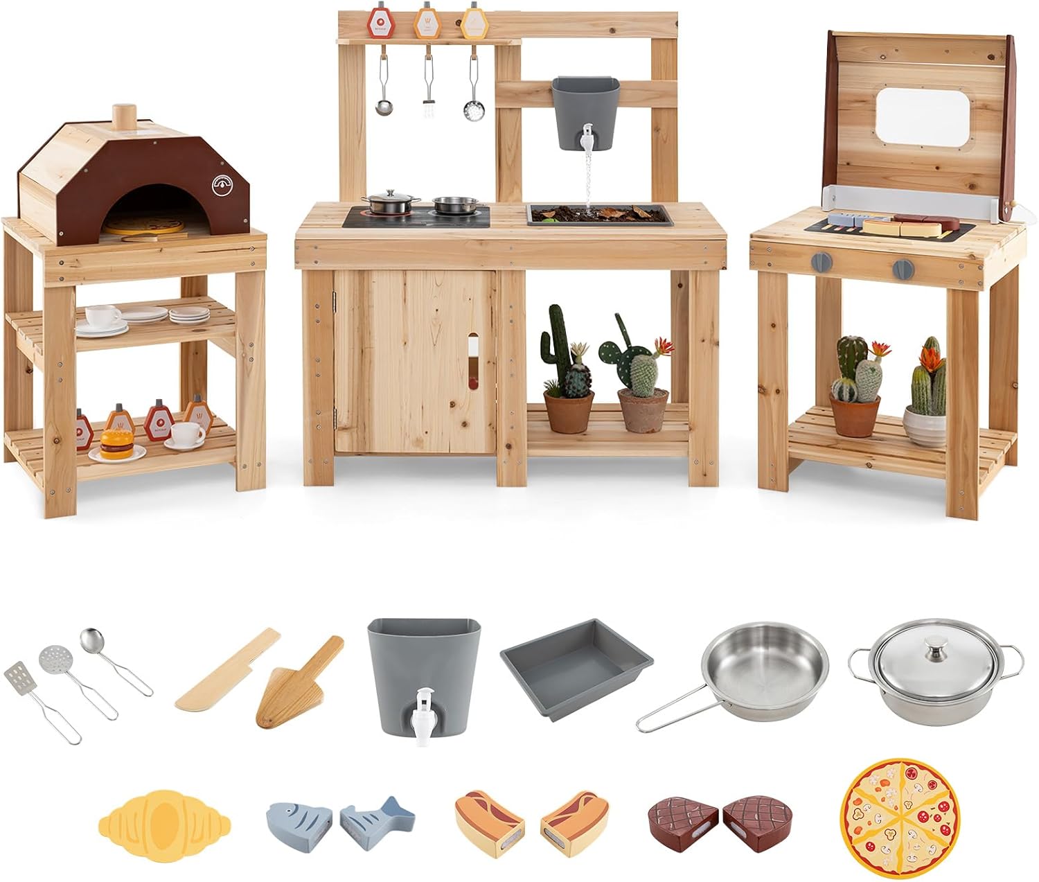 Costzon 3-Piece Mud Kitchen, Fir Wooden Play Kitchen & BBQ Grill Playset & Pizza Oven, 14 Toy Food & Cooking Accessories, Sink, Stoves, Outdoor Mud Table for Kids 3+ Years