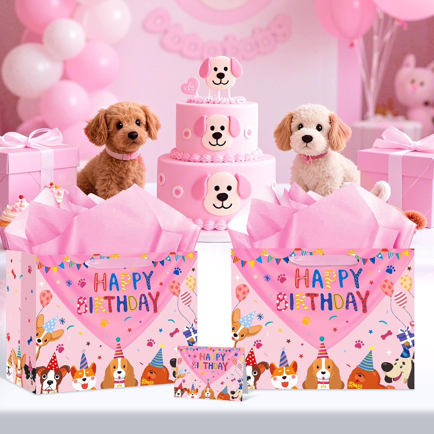 Wauprant Dog Birthday Gift Bag Pink Puppy Happy Birthday Bags with Tissue Paper Greeting Card Large Cartoon Dogs Wrapping Bag for Boys Girls Dog Lover Pink Pet Bday Party Favors Supplies Decorations image 4