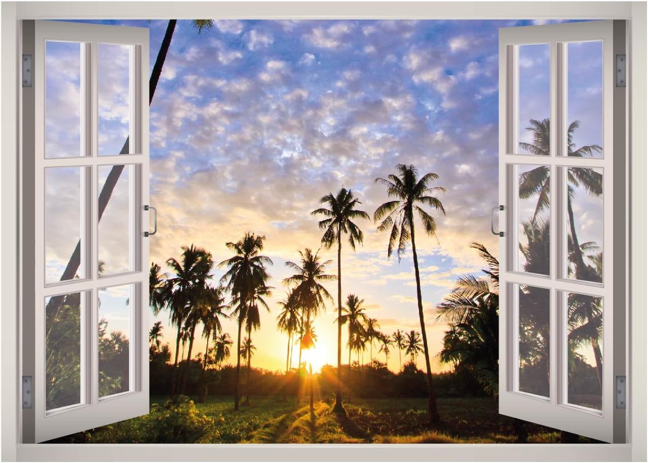 California Beach Summer View Window 3D Wall Decal Art Removable Wallpaper Mural Sticker Vinyl Home Decor West Mountain™ W49 (Giant (65''W x 46''H))