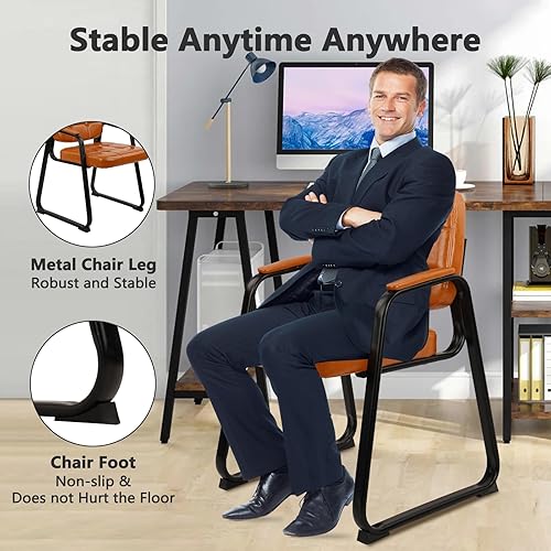 Vista 39 de CLATINA Silla de invitados para sala de espera con reposabrazos acolchado de cuero regenerado para oficina, recepción y escritorio de conferencias