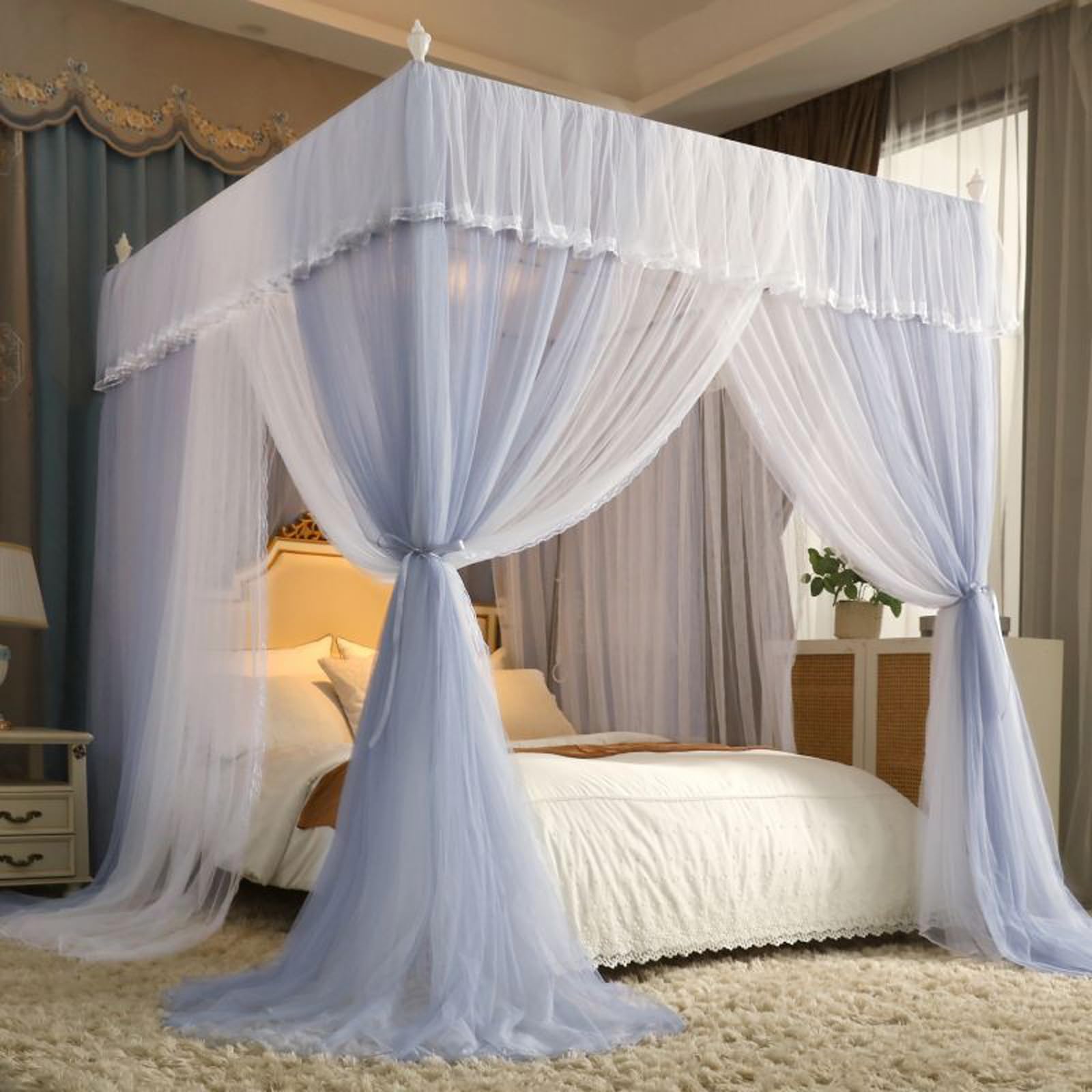 GTHTUHFD Princess Bed Canopy - Four Corner Post Lace Embroidery Mosquito Netting For Girls' Room - Elegant Dreamy Bedroom Decor,Grey-1.2 * 2.0m