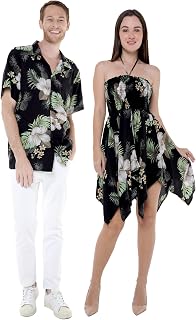 Matchable Couple Hawaiian Luau Shirt or Fairy Dress in Pineapple Garden Black
