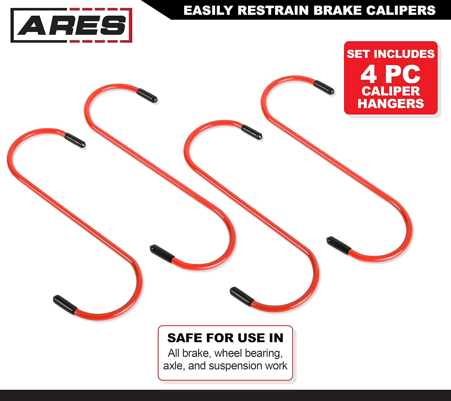 ARES 18061 4-Pc Red Brake Caliper Hanger Set - Rubber-Tipped Hooks
