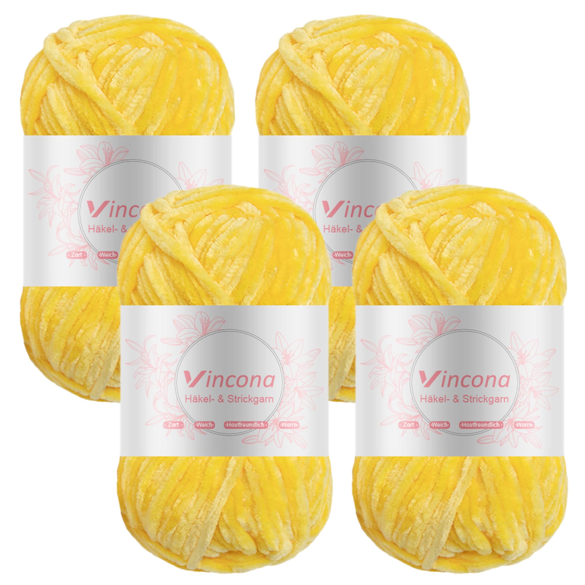 Vincona Chenille Yarn 4 x 100g Super Soft Chunky Yarn for Knitting and Crochet Yarn Clothes, Handbag, Shoes Hats Sweaters Blankets Scarves，DIY- Ideal for Beginners Adults Warm Yellow