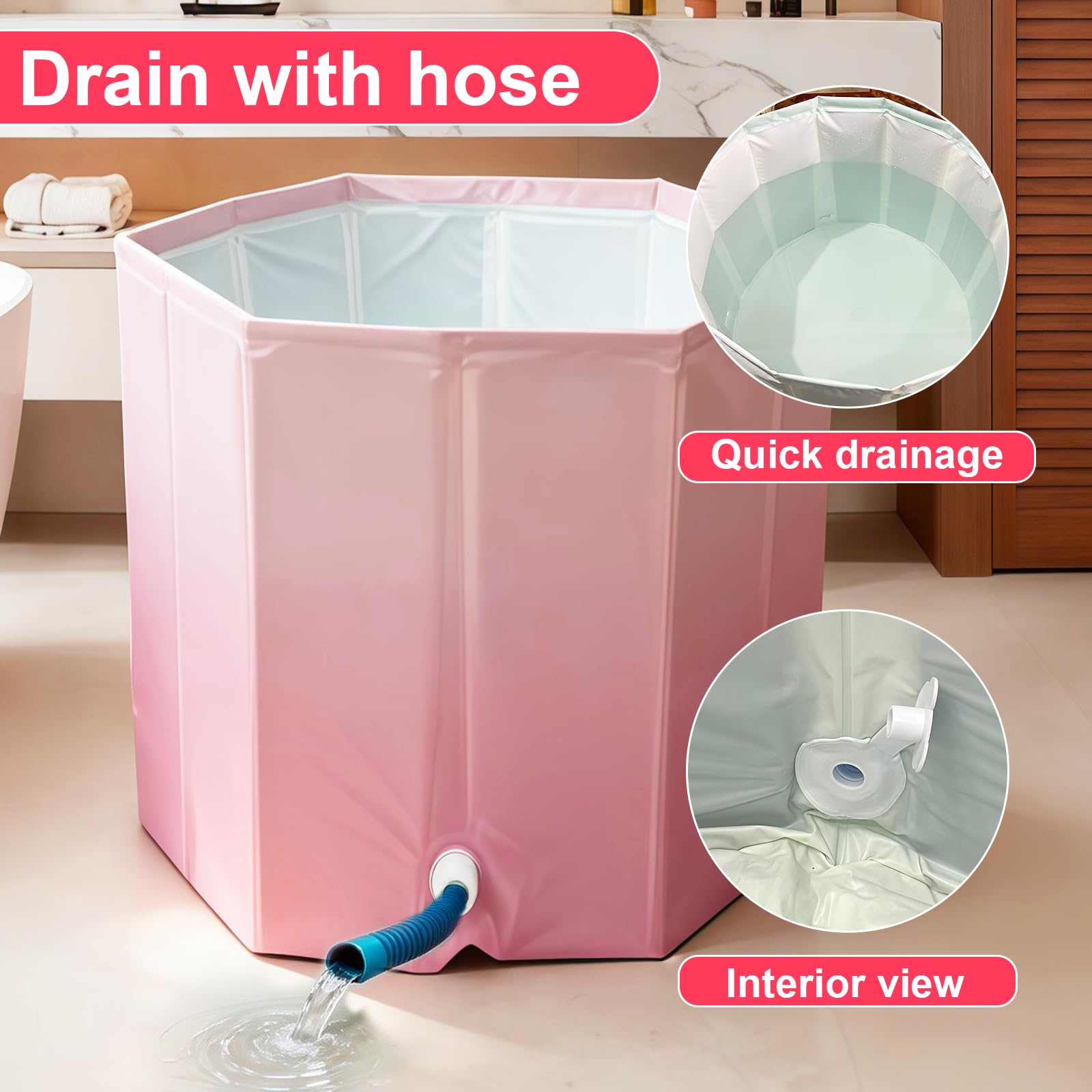Faltbare Badewanne 70×65 cm für Erwachsene – Tragbare tiefe Badewanne für Warm- und Kaltwasser mit Ablaufschlauch und Sitzkissen, Platzsparende Faltbadewanne für kleines Bad (Rosa)
