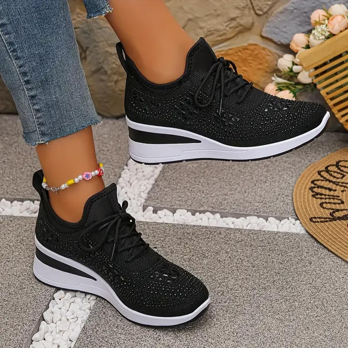 Damen-Sneaker mit glitzernden Strasssteinen, modisch, atmungsaktiv, Keilabsatz, Netzstoff, Schlupfschuhe, Wanderschuhe