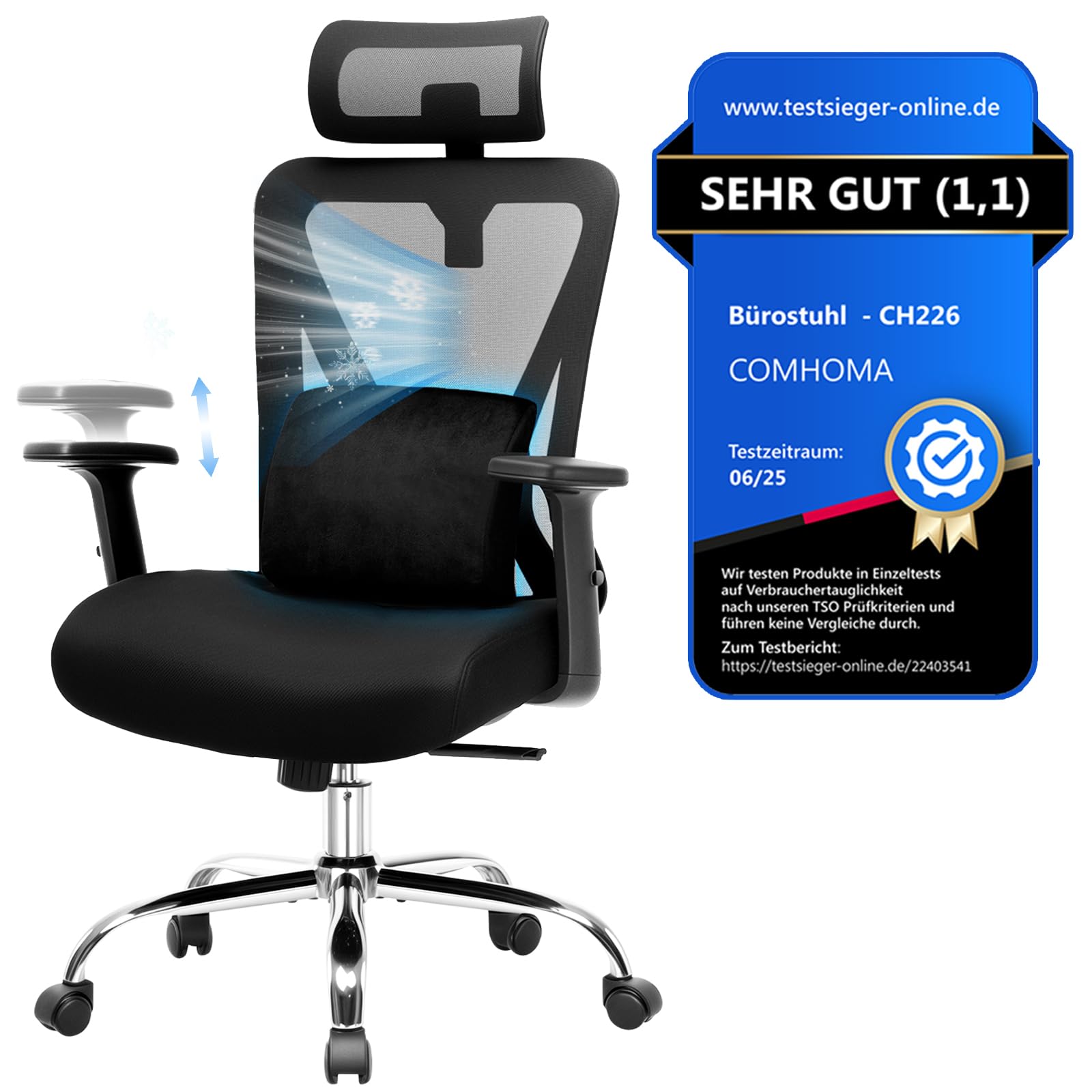 GTPLAYER Bürostuhl Ergonomisch [TESTSIEGER] Schreibtischstuhl, Drehstuhl hat Verstellbarer Lordosenstütze, Kopfstütze und Armlehne, Büro Stuhl & Gaming Stuhl mit separatem Lendenkissen, 150 kg
