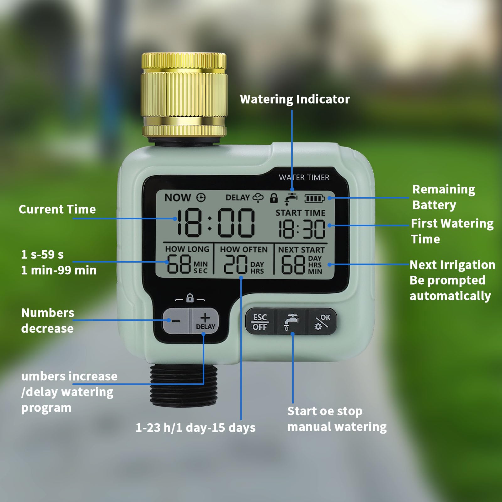 Johgee Watering Computer with Brass Inlet, Water Timer Garden Timer Irrigation with Rain Delay - Image 2