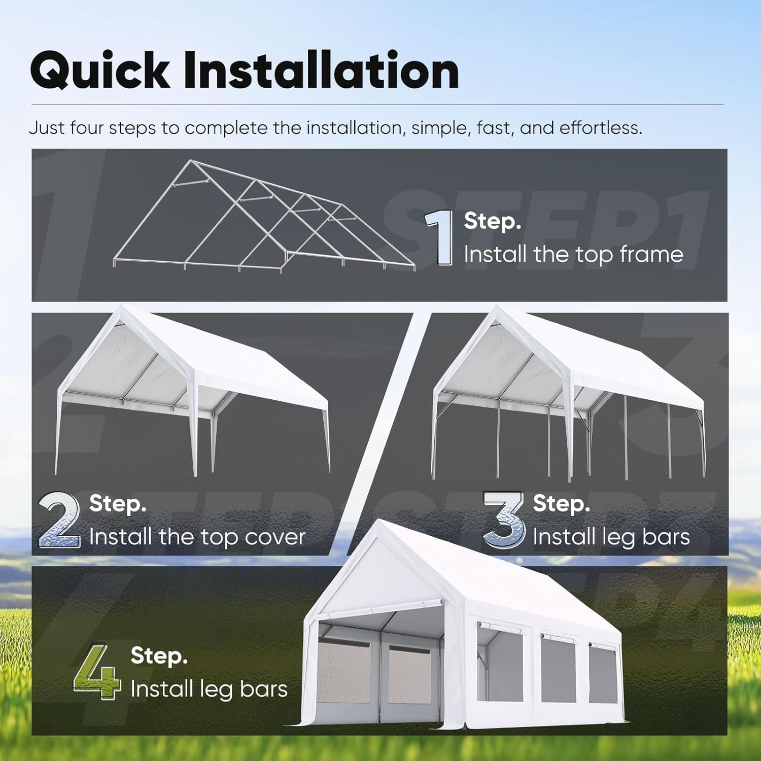 Quictent carport tent set up for an outdoor event with tables and chairs