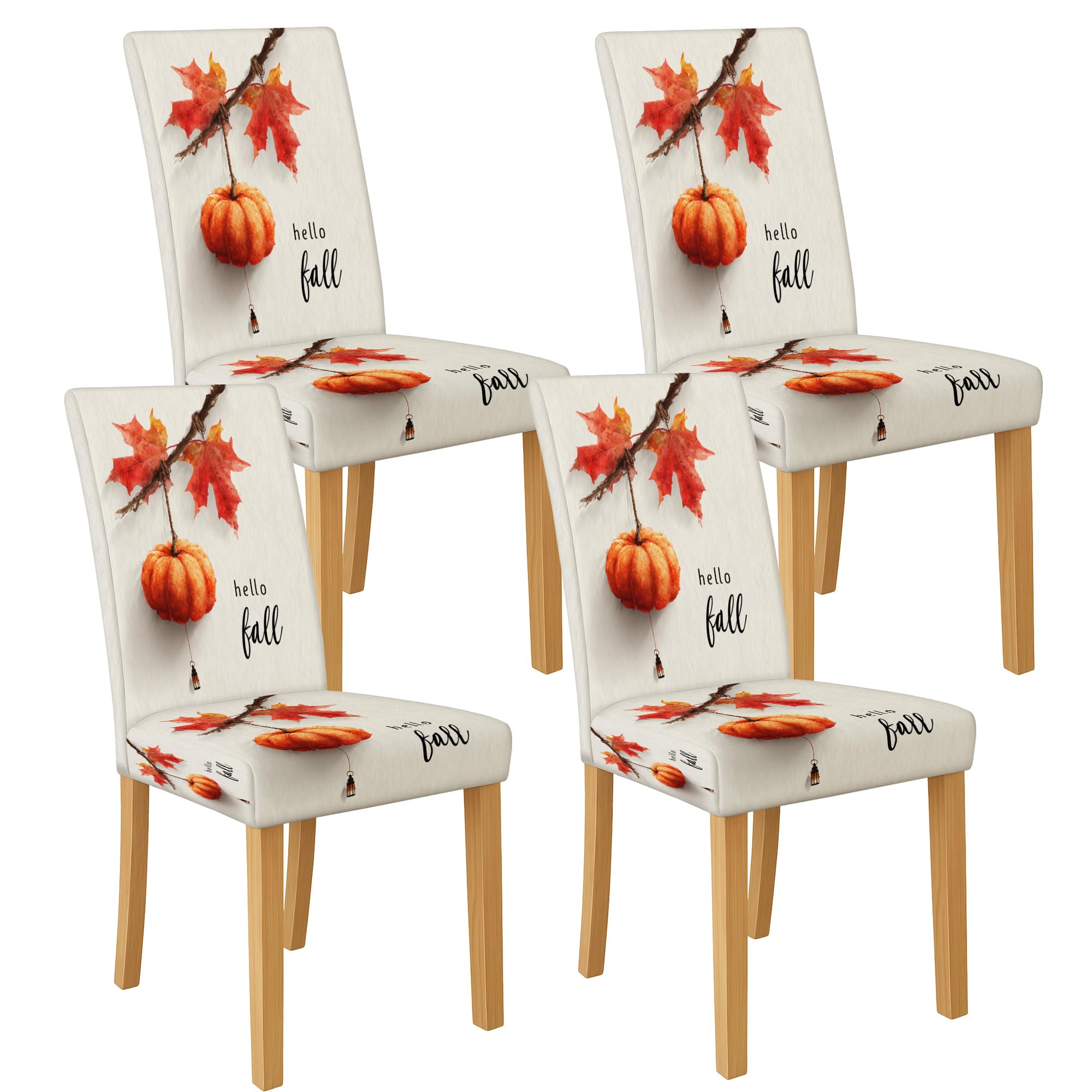 Hello Fall Pumpkin Chair Covers for Dining Chairs, Stretch & Washable Spandex Seat Protectors, Autumn Decor Slipcovers for Kitchen Dining Room 4PCS