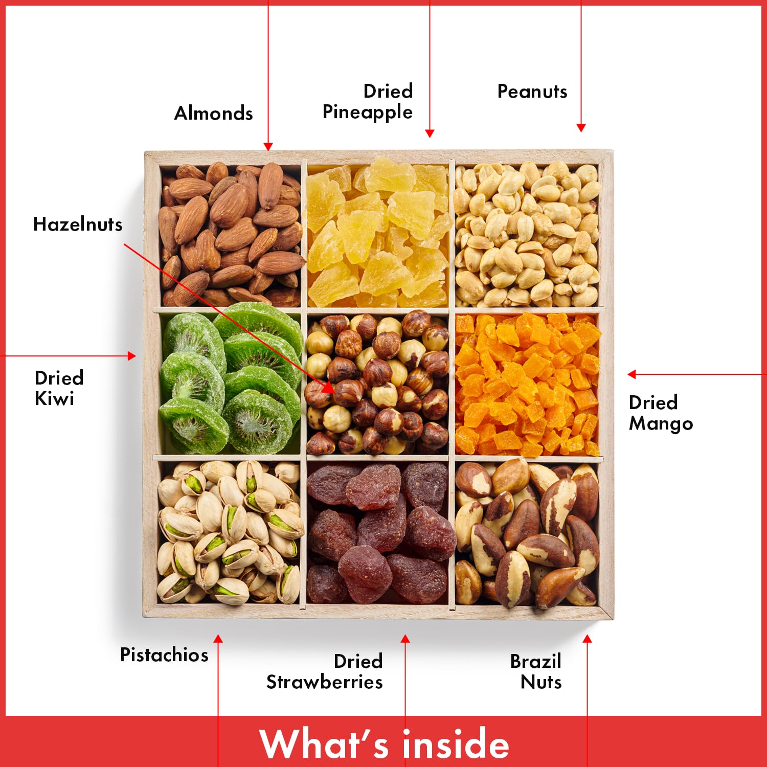 Nuts and Dried Fruit Platter - 9 Variety Mix - Classy Gift Basket - Gourmet Food for Birthday, Sympathy, Get Well, Anniversary, Corporate, Care Package - in a Reusable Wooden Tray