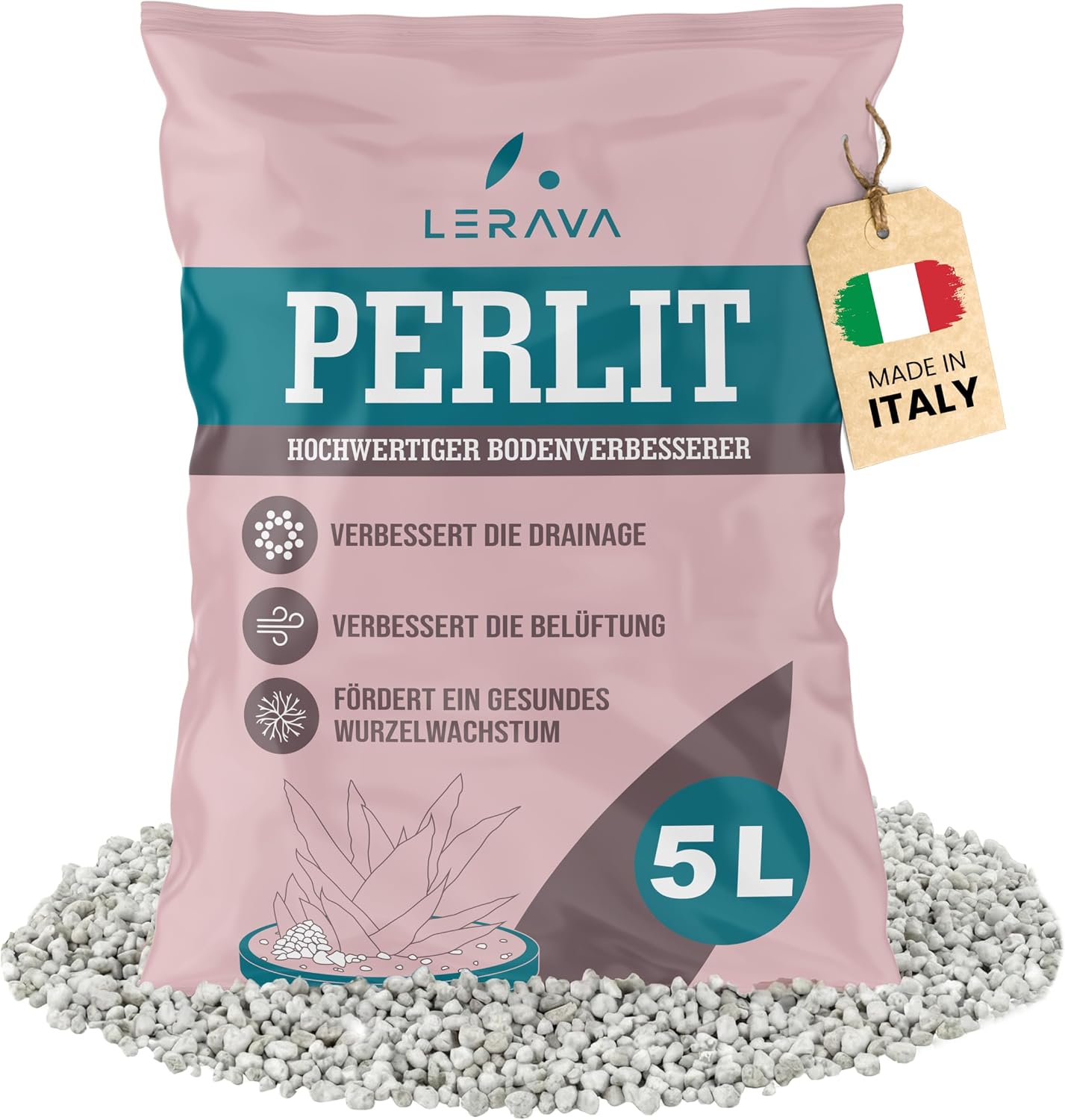 LERAVA Perlite for Plants 5L - Coarse Grained Perlite for Soil Improvement - Provides Optimal Drainage & Ventilation - Natural Additive for Soil & Hydroponics - Granules Plants