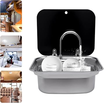 RV Caravan or Boat Stainless Steel Hand Wash Basin Sink with Folded Faucet Tempered Glass Lid van Camper Trailer Accessories (Sink with tapB) for RV Caravan Camper Kitchen