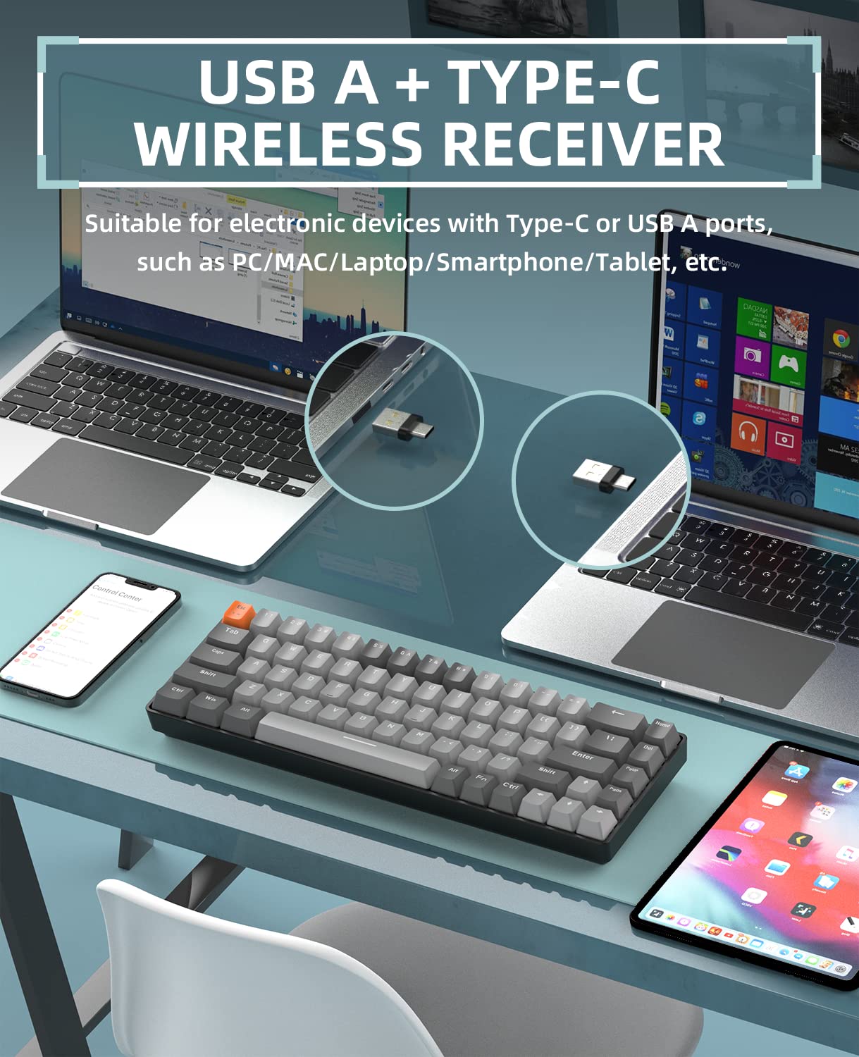 MAGIC-REFINER RK68 Bezprzewodowa klawiatura mechaniczna, 60% klawiatura do gier, Apex Pro Mini tryb podwójny 2,4 G i Bluetooth 5.0, Odbiornik 2 w 1, 68 klawiszy hot swap czerwony przełącznik, PC/Mac