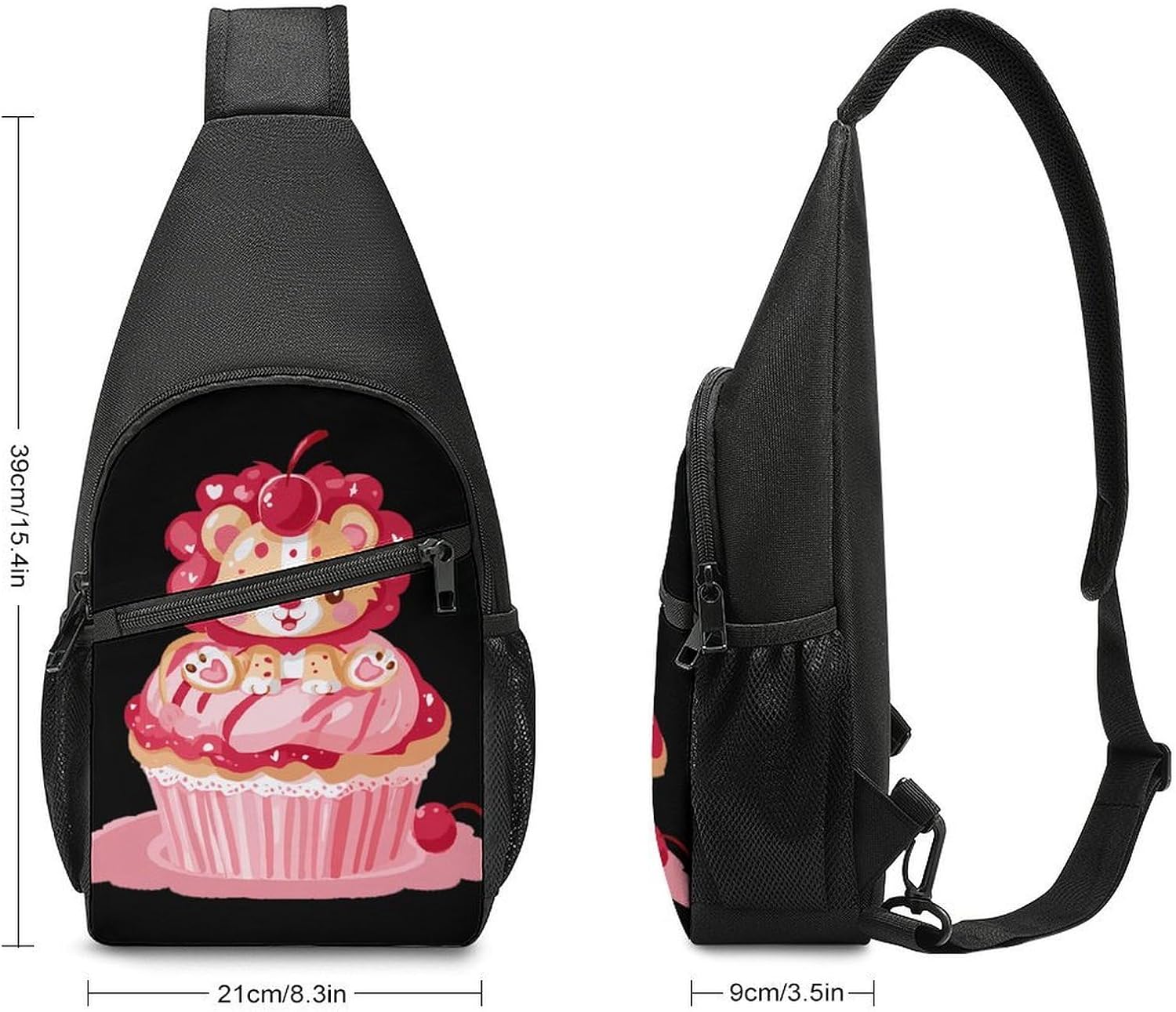 Lion on Cupcake Cherry Crossbody Sling Backpack Chest Bag Daypack | unisex,trendy,with convertible and detachable shoulder strap,side pockets