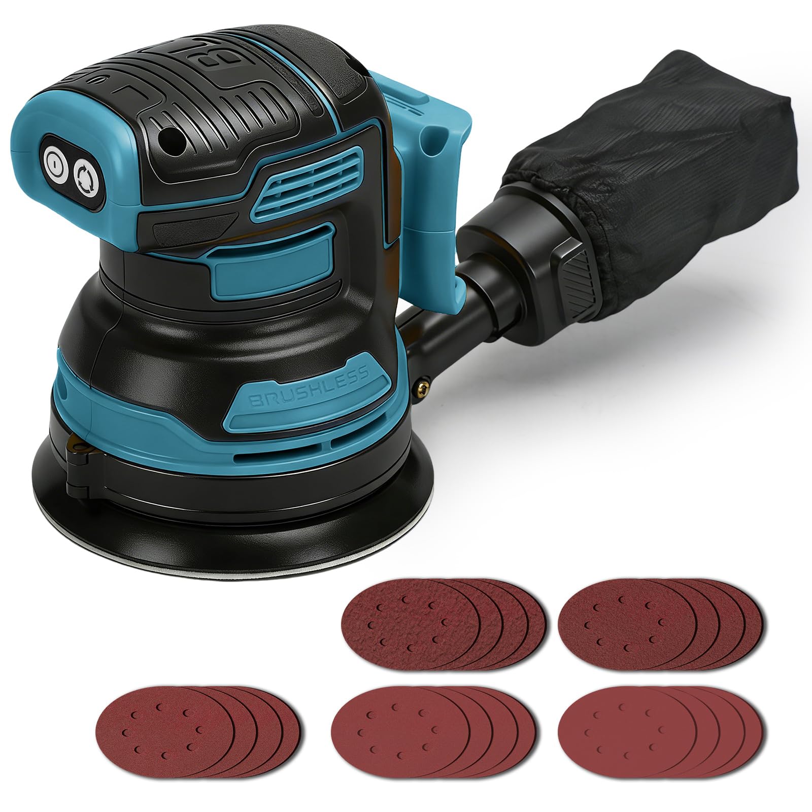 Lijadora Orbital Inalámbrica 125 mm para Makita 18V (sin Batería) | Lijadora eléctrica sin escobillas, 4000–8000 rpm, 3 velocidades, 21 hojas de lija y bolsa de polvo