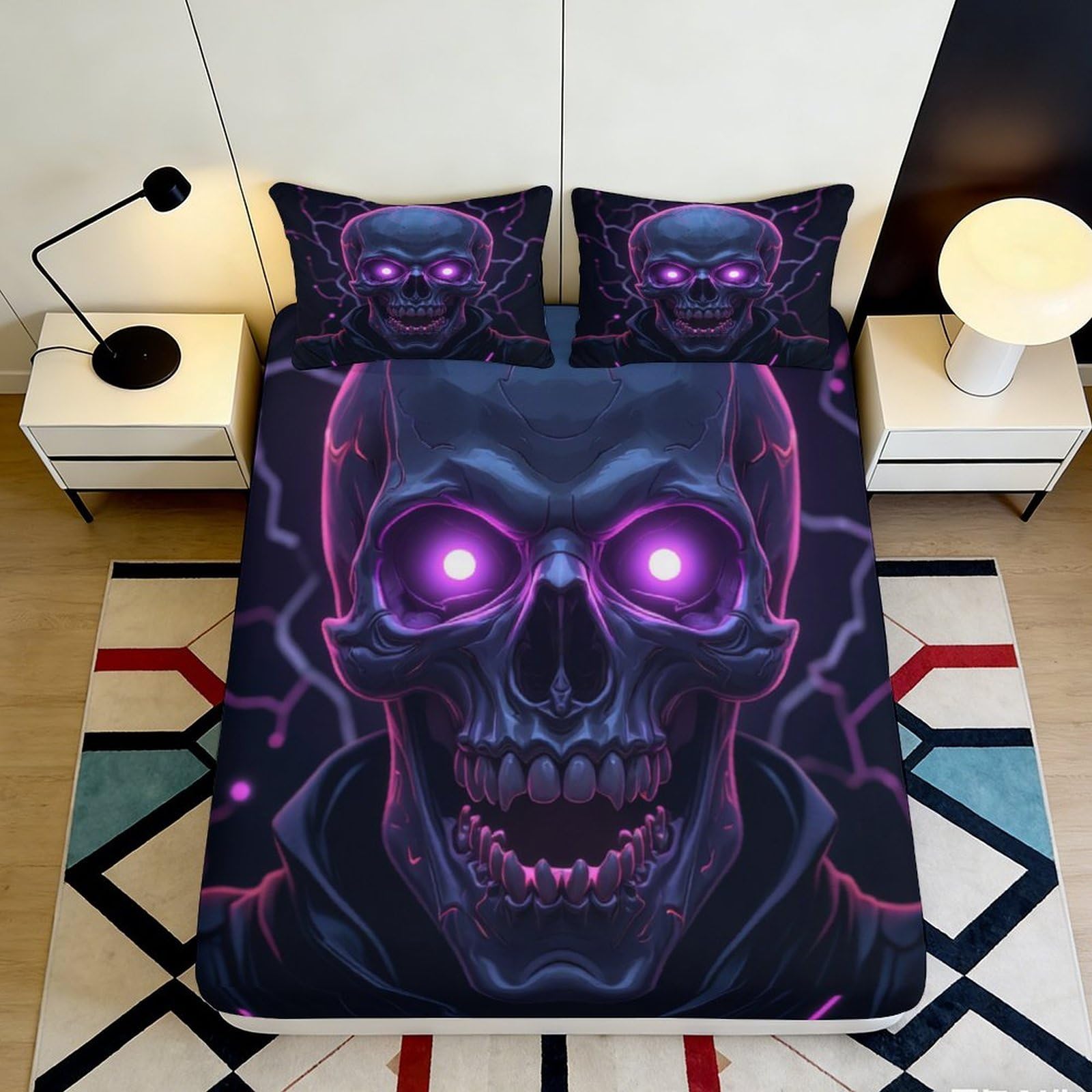 3D Printed Neon Skull Fitted Sheet Microfiber Soft Durable Glow Bed Cover for Bedroom Dormitory Guest Room Mattress Protection Decoration 200x200x25cm