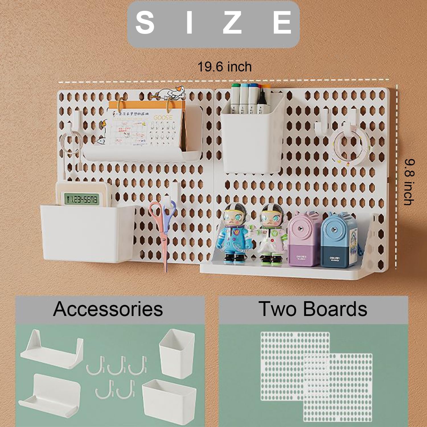 PegBoard Wall Organizer, Plastic Wall Pegboard Kit, 2 White Pegboard and 10 Pegboard Accessories, Wall Mount Pegboard with Hooks, Wall Display Peg board for Home and Office, 19.5” x 9.5”
