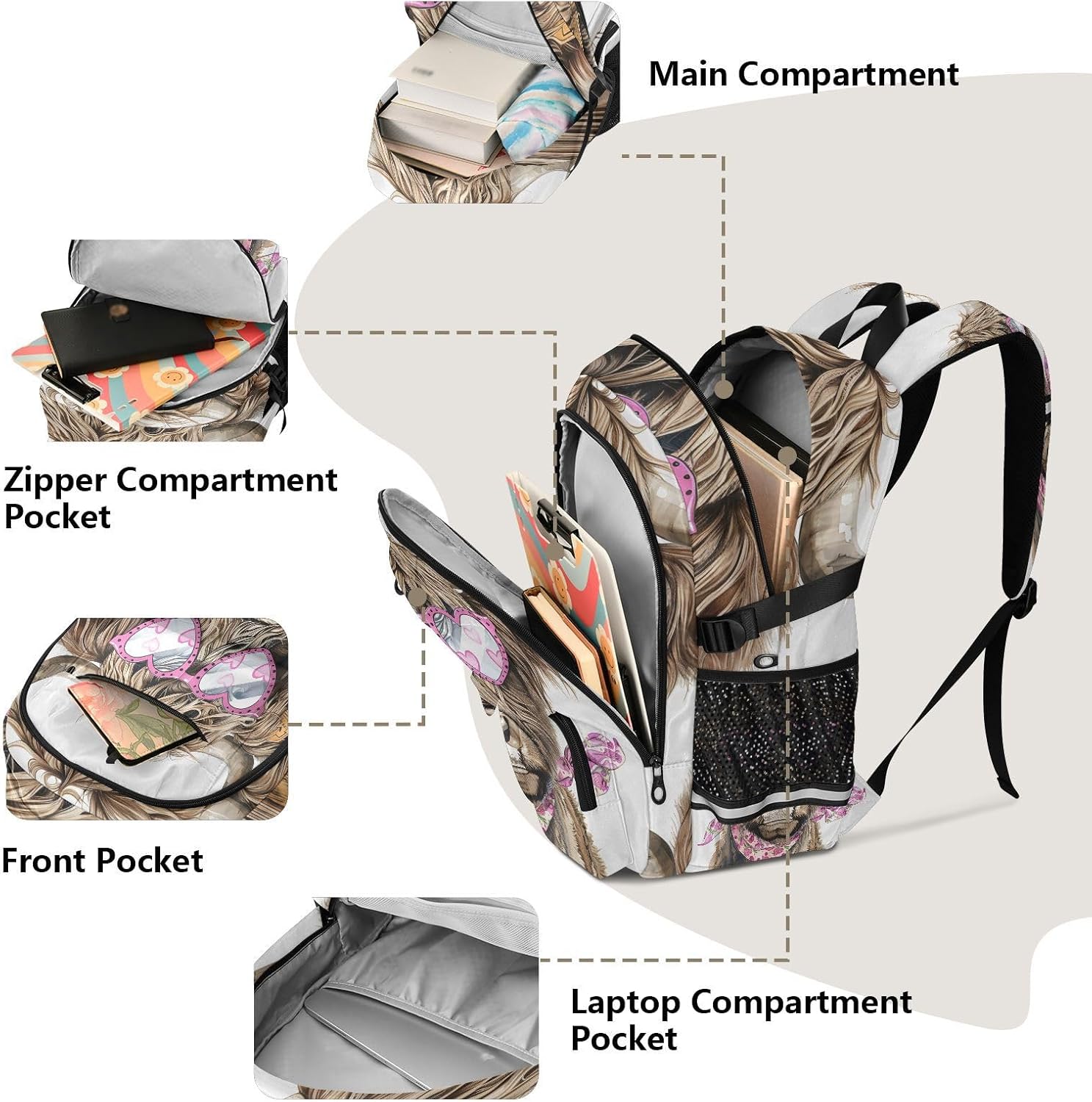 ALAZA Cute Highland Cow Backpack Laptop Backpack for Women Men Teen Girls Travel Bookbag Multi Pocket School Book Bag Lightweight Daypack 30L image 5