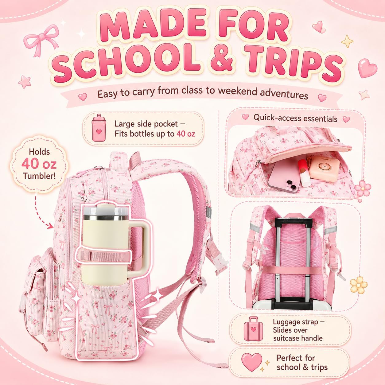 BTOOP Multi-Compartment Kids Backpack for Girls, Cute Pink Bow School Backpack with Chest Strap, Side Pocket Fits 40 oz Tumbler, Luggage Strap, Girls Bookbag for Elementary Middle School