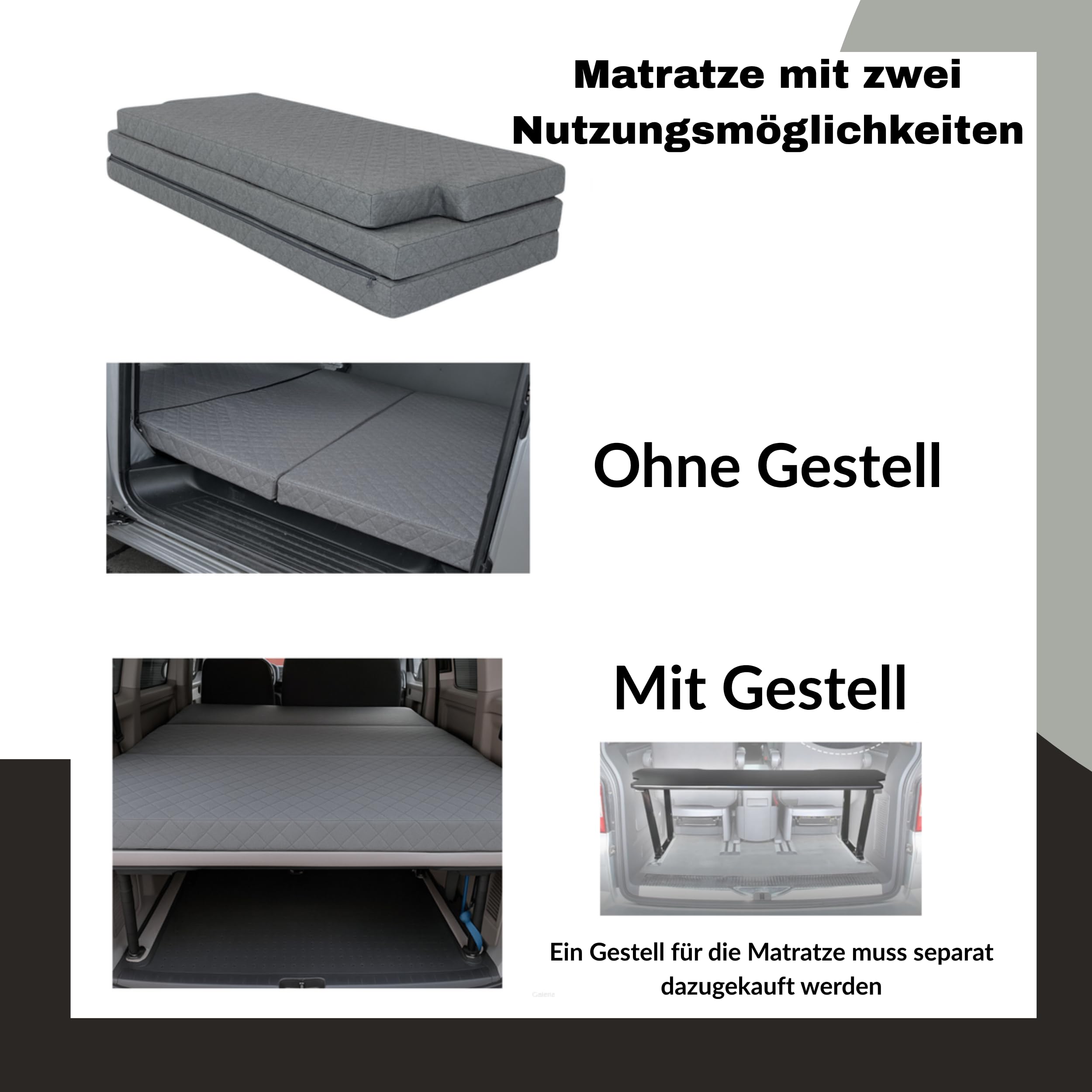 Materasso per cabina VW Multivan T5/T6 – 3 pezzi – Materasso pieghevole per auto con memory foam & borsa per il trasporto | Materasso da viaggio per autobus adatto per VW T5 T6