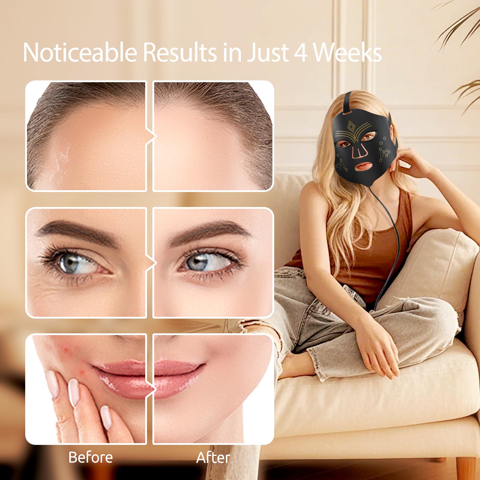 Red Light Therapy for Face, LED Face Mask Light Therapy, 4 Light Modes with NIR, Red & Blue LED Light Therapy USB-C, Remote Control Portable LED Mask for Home & Travel (Black)