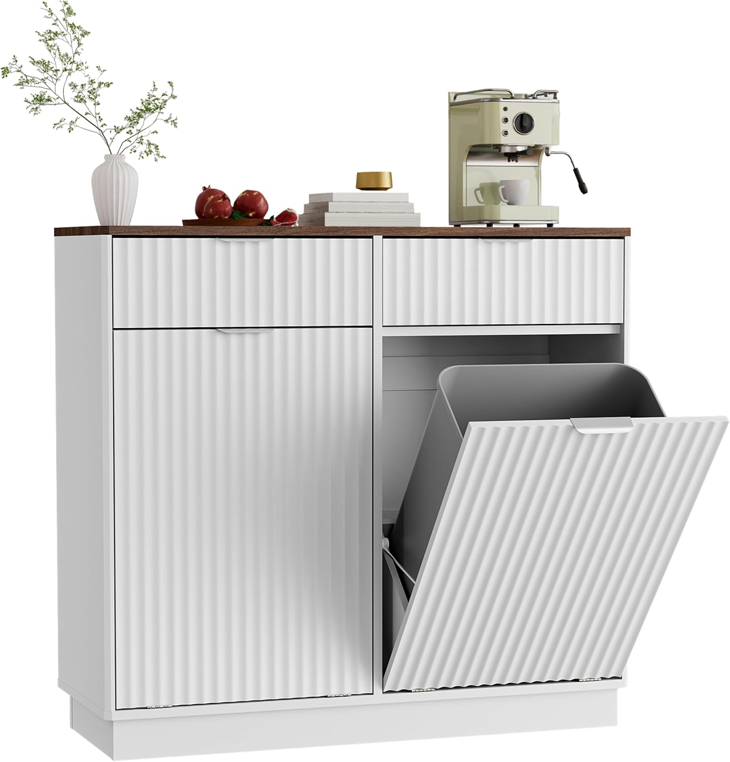 Double Tilt-Out Trash Cabinet, Laundry Hamper Cabinet with 2 Drawers, 39.4W x 34.3H x 13.8D inches, Walnut, Wave-Textured Front.