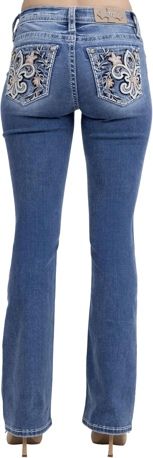 Miss Me Women's Spring Floral Fleur de Lis Embellished Pockets Mid-Rise Bootcut Jeans