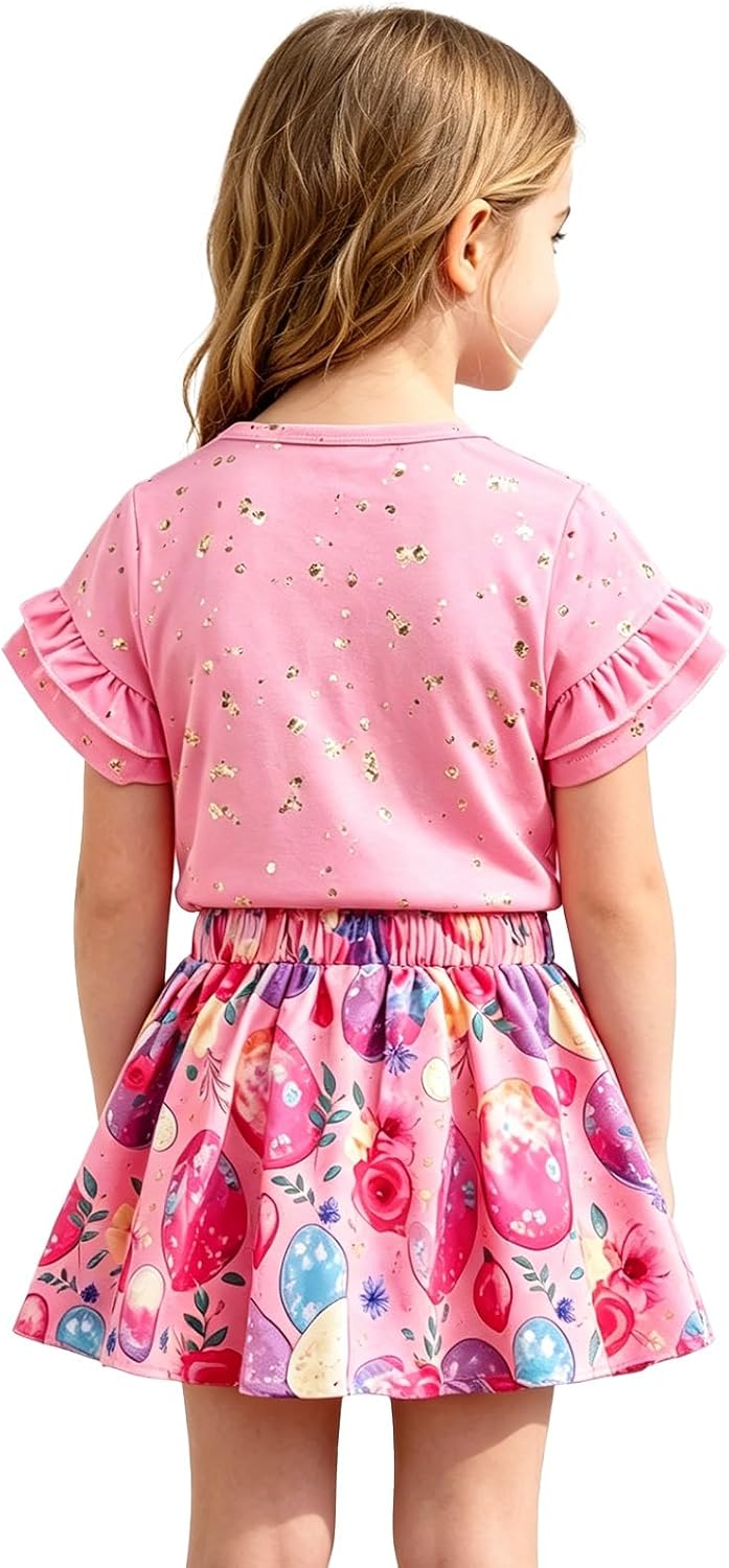 ranrann Girls Summer Outfit Print T Shirt 2 Piece Skirt Set Short Sleeve Pullover Top Knee-length Skirt for School Peach Red 3-4 Years