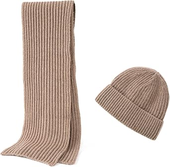 2PCS Merino Wool Knit Beanie Scarf Set for Men & Women, Winter Soft Warm Long Scarves with Wool Beanie Hat