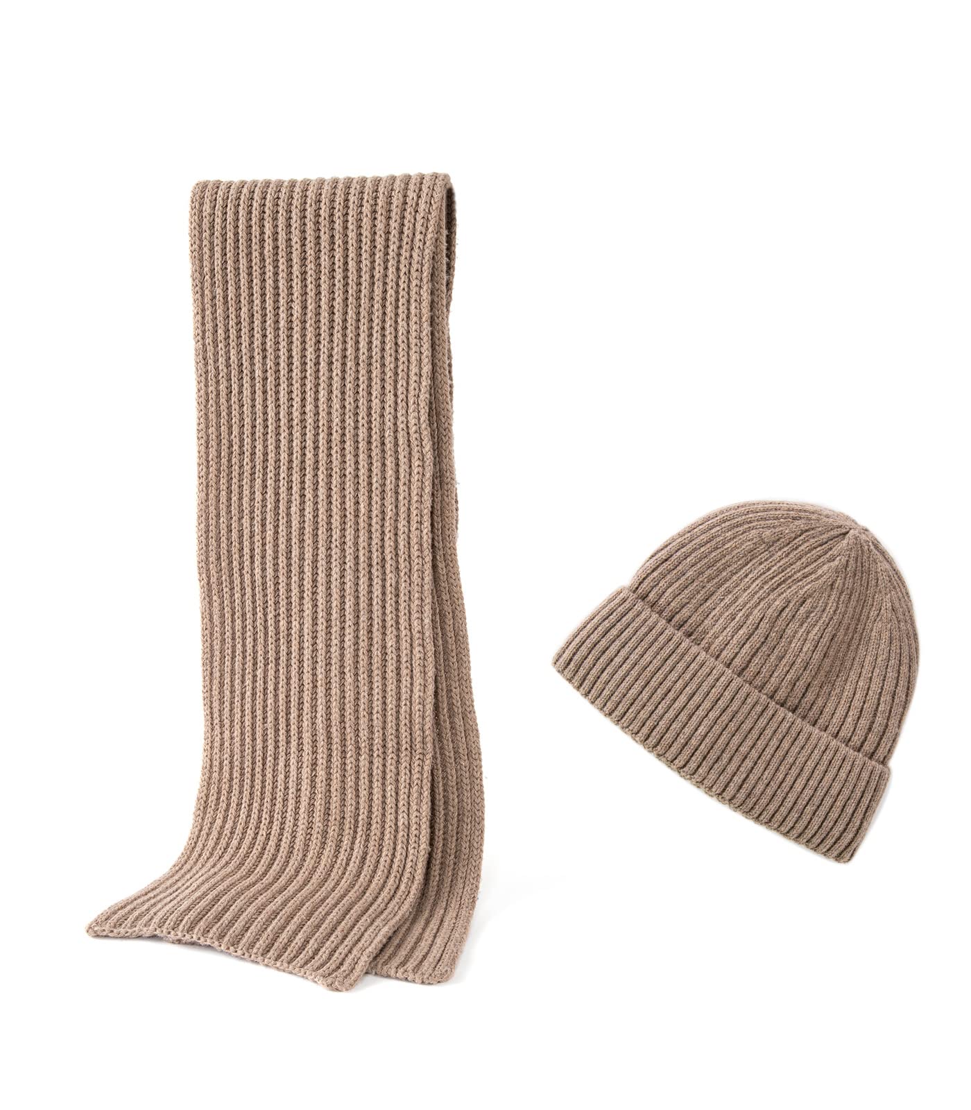 Embouro 2PCS Merino Wool Knit Beanie Scarf Set for Men & Women, Winter Soft Warm Long Scarves with Wool Beanie Hat (Coffee)