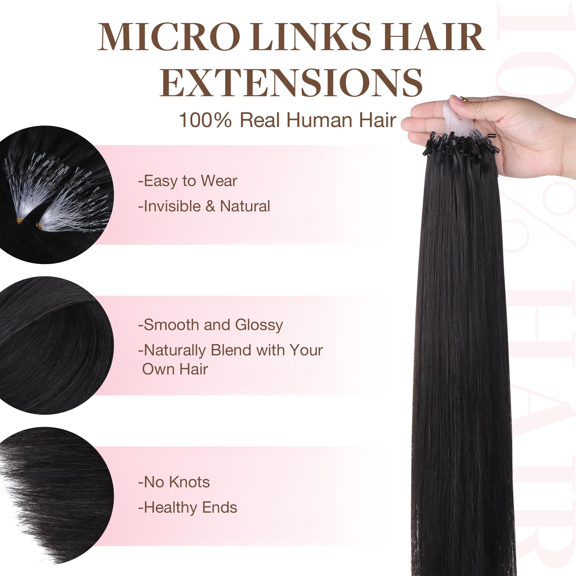 GOO GOO Micro Loop Hair Extensions Real Human Hair, Jet black 50g 14inch 50 Strands Cold Fusion Micro Bead Extensions - Image 2