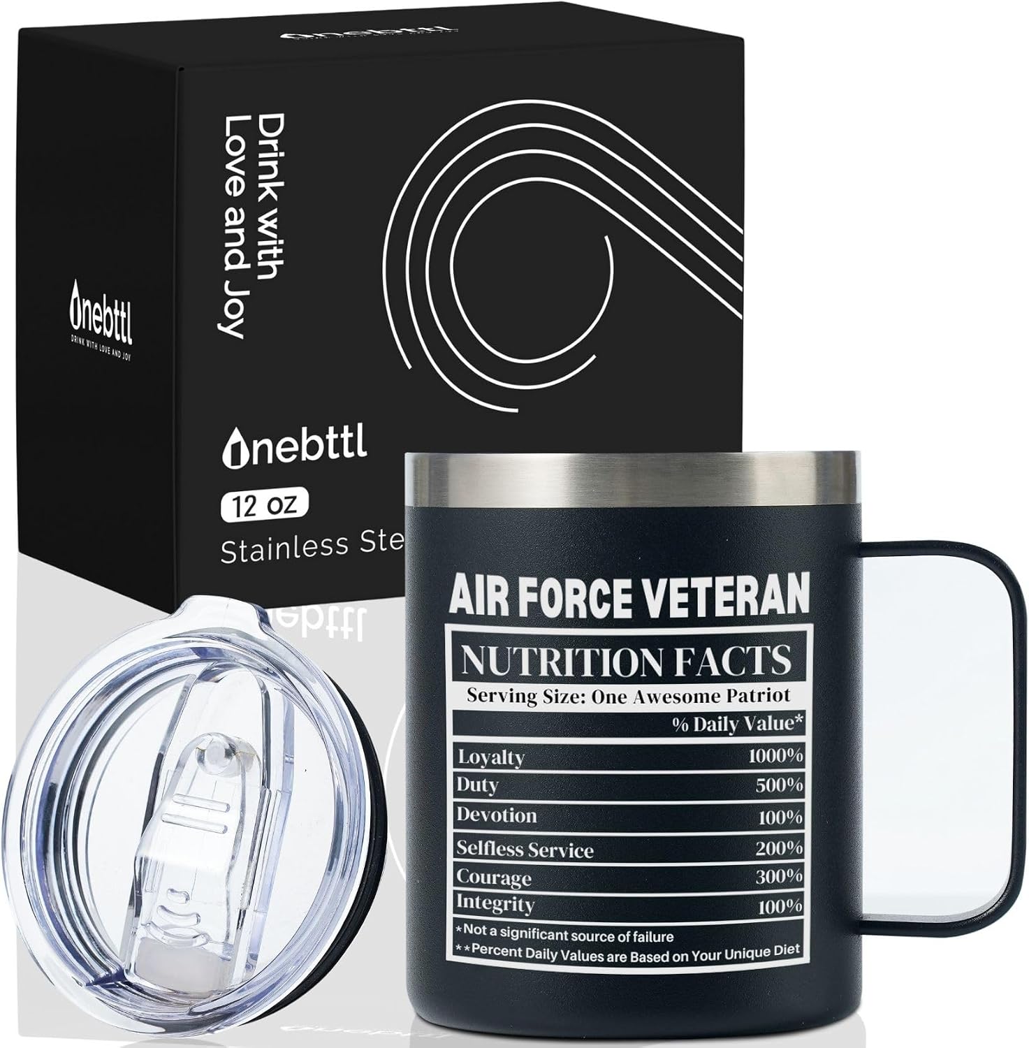 Onebttl Veterans Appreciation Gifts for Men, Nutrition Facts, Funny Coffee Mug for Husband, Dad, Grandpa, 12oz Stainless Steel Tumbler, Black, Air Force Veteran