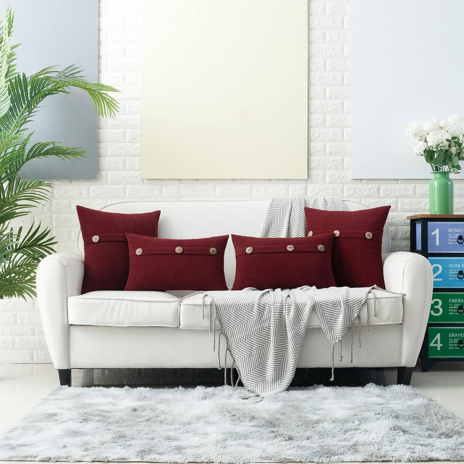 HWY 50 Burgundy Red Chenille Throw Pillow Covers 22x22 Inch with Triple Buttons, Soft Farmhouse Accent Decorative Cushion Cases for Couch Sofa Bed Living Room Pack of 2