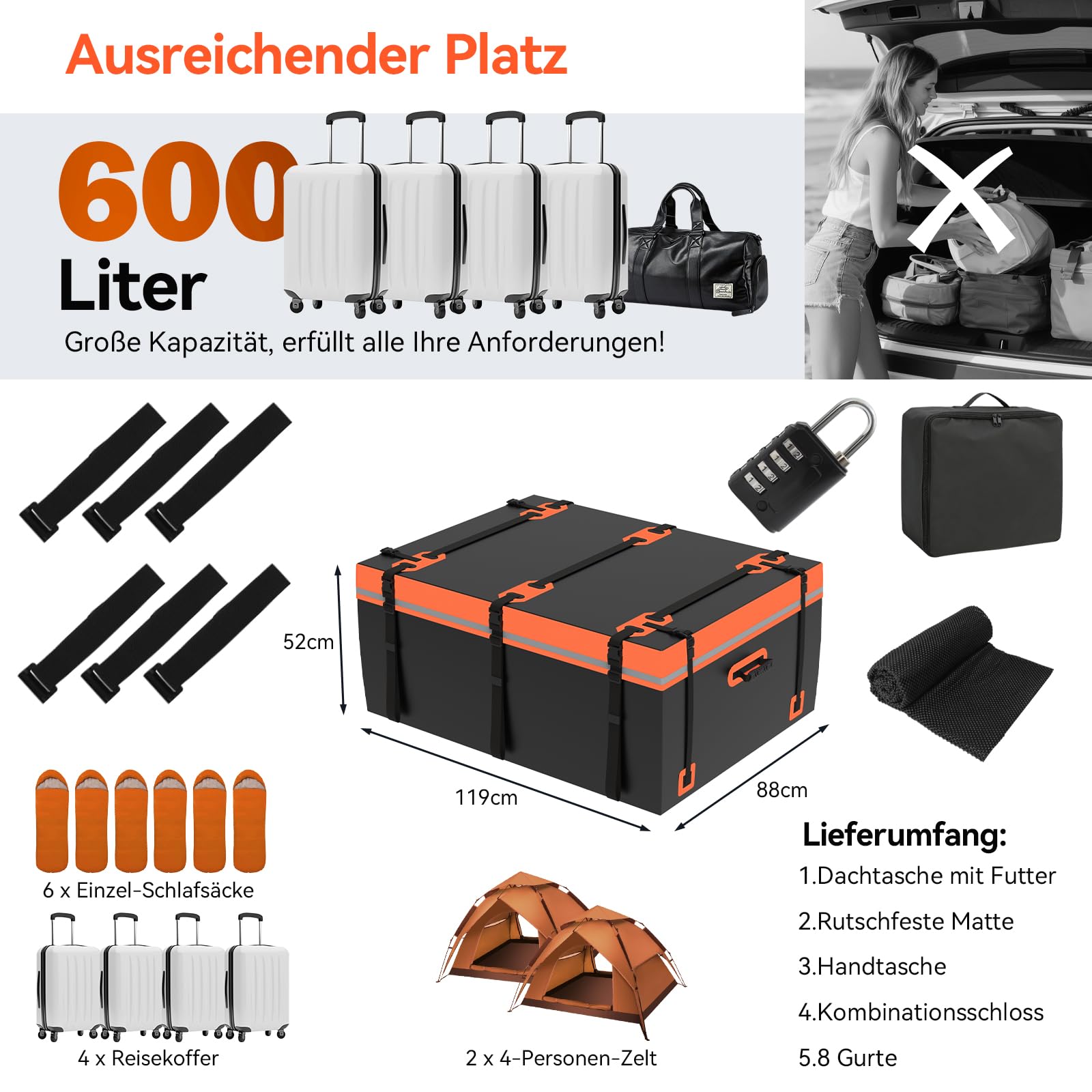 ARTETHYS Dachbox Auto 21 kubikfuß, wasserdichte & Strapazierfähige, Orange | Dachtasche, Faltbare Dachkoffer mit Anti-Rutsch Matte, Gepäckbox für alle Fahrzeuge mit/ohne Gepäckträger, 8 Türhaken